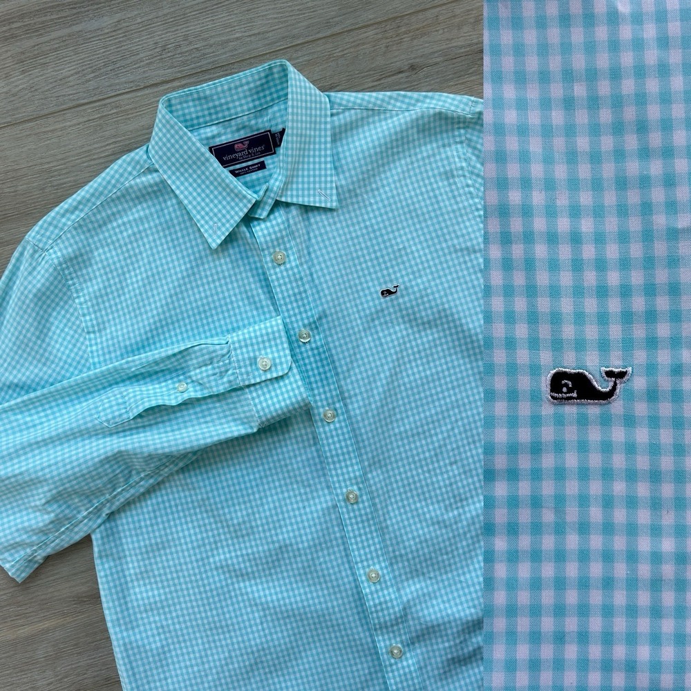 Vineyard Vines Whale Shirt Youth XL (18) Blue‎ Gingham Long Sleeve Button Down